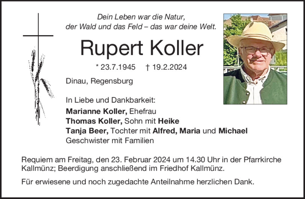  Traueranzeige für Rupert Koller vom 21.02.2024 aus Mittelbayerische Zeitung Regensburg