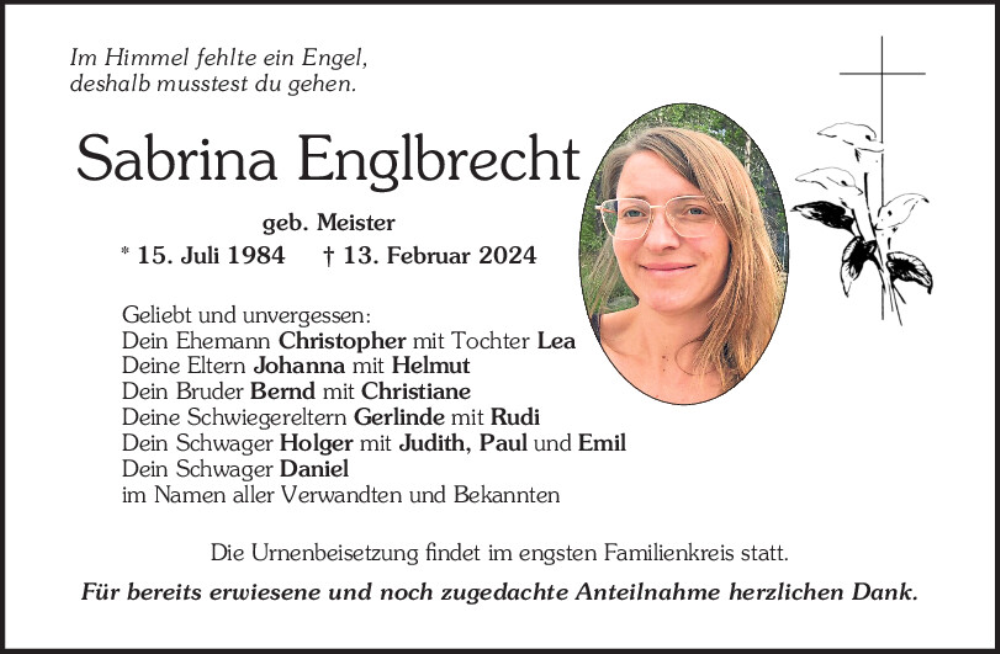  Traueranzeige für Sabrina Englbrecht vom 24.02.2024 aus Mittelbayerische Zeitung Kelheim