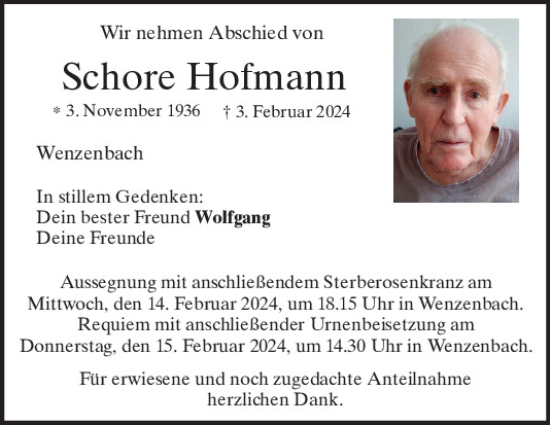 Traueranzeige von Schore Hofmann von Mittelbayerische Zeitung Regensburg