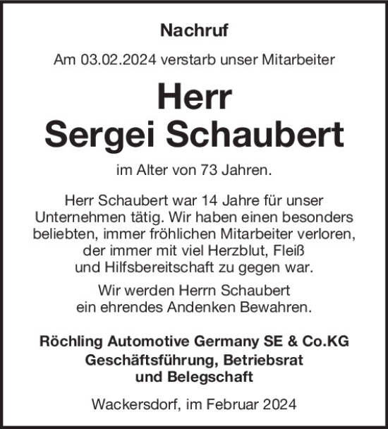 Traueranzeige von Sergei Schaubert von Mittelbayerische Zeitung Schwandorf