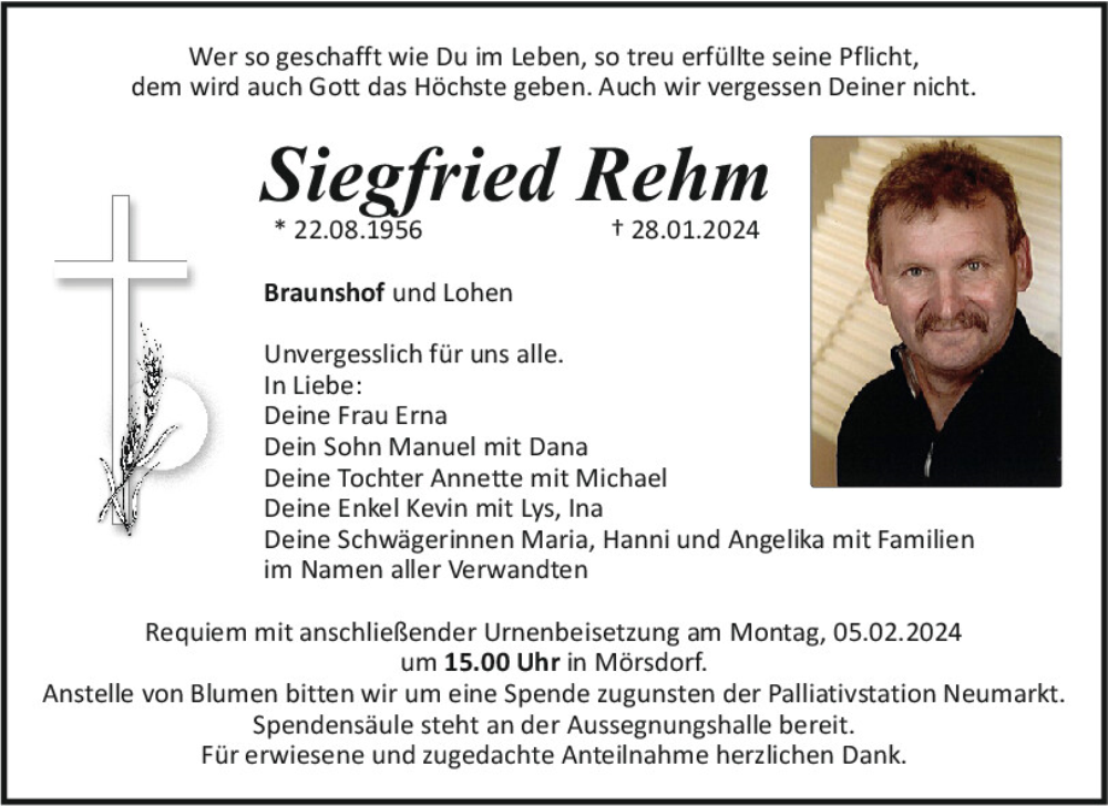  Traueranzeige für Siegfried Rehm vom 02.02.2024 aus Neumarkter Tagblatt