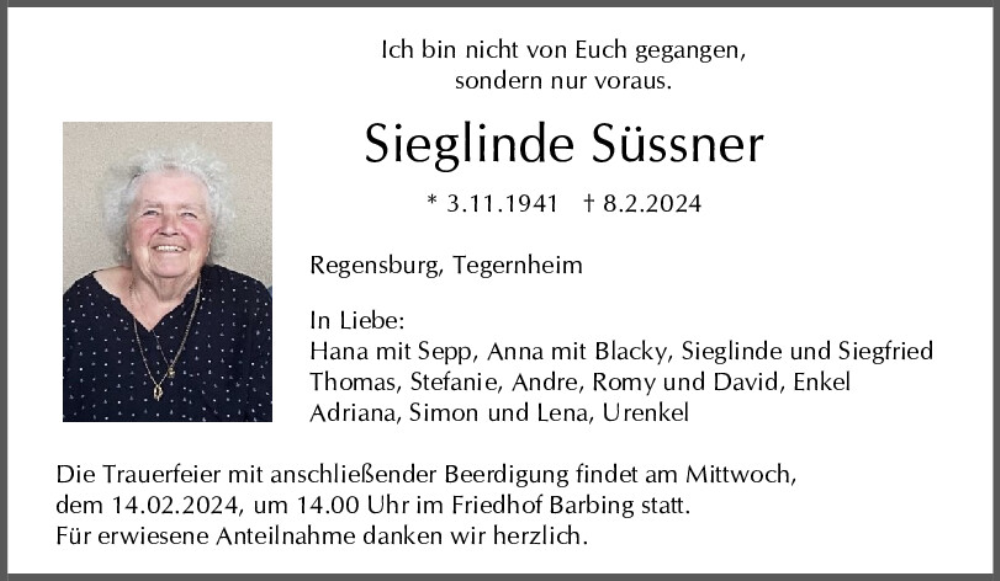  Traueranzeige für Sieglinde Süssner vom 10.02.2024 aus Mittelbayerische Zeitung Regensburg