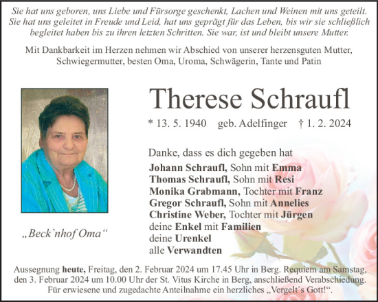 Traueranzeige von Therese Schraufl von Neumarkter Tagblatt