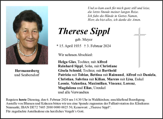 Traueranzeige von Therese Sippl von Neumarkter Tagblatt