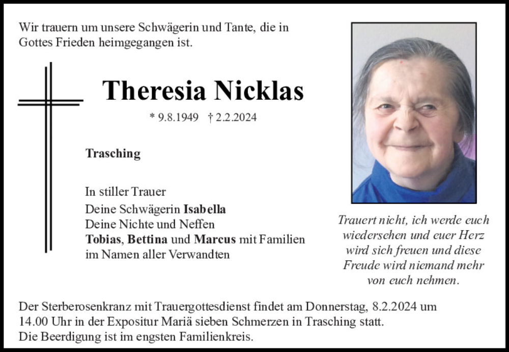  Traueranzeige für Theresia Nicklas vom 06.02.2024 aus Bayerwald Echo