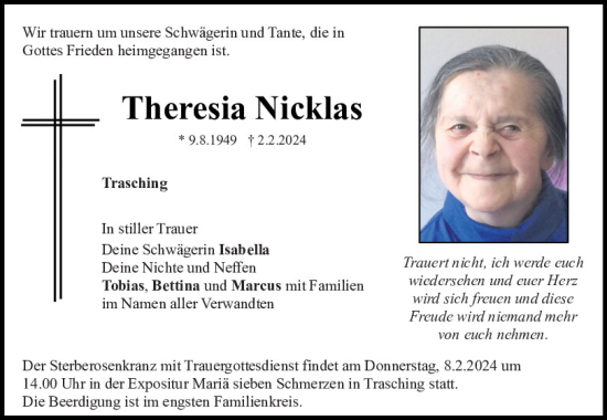 Traueranzeige von Theresia Nicklas von Bayerwald Echo