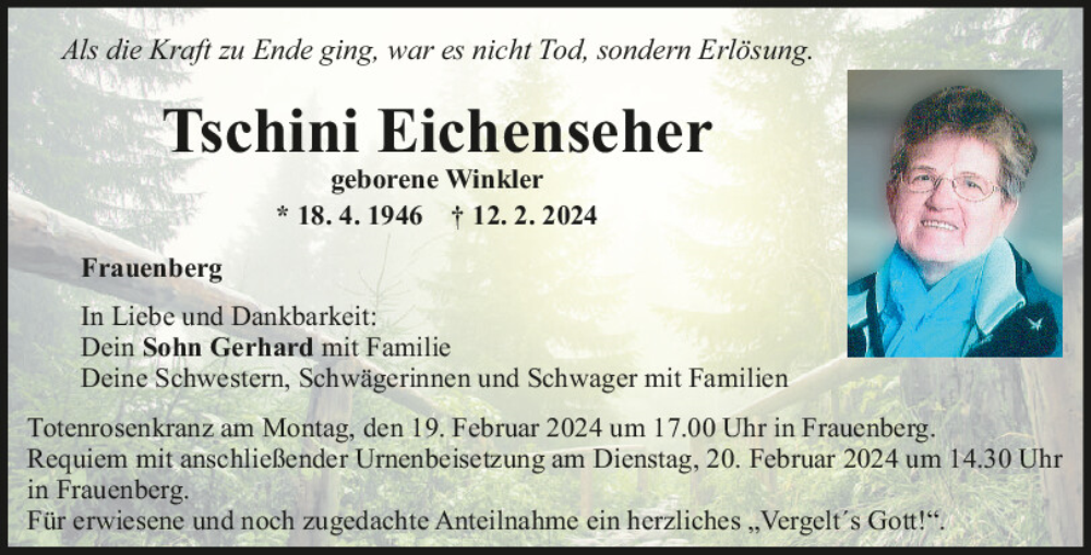 Traueranzeige für Tschini Eichenseher vom 17.02.2024 aus Mittelbayerische Zeitung Regensburg