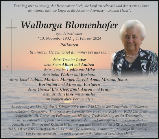 Traueranzeige von Walburga Blomenhofer von Neumarkter Tagblatt