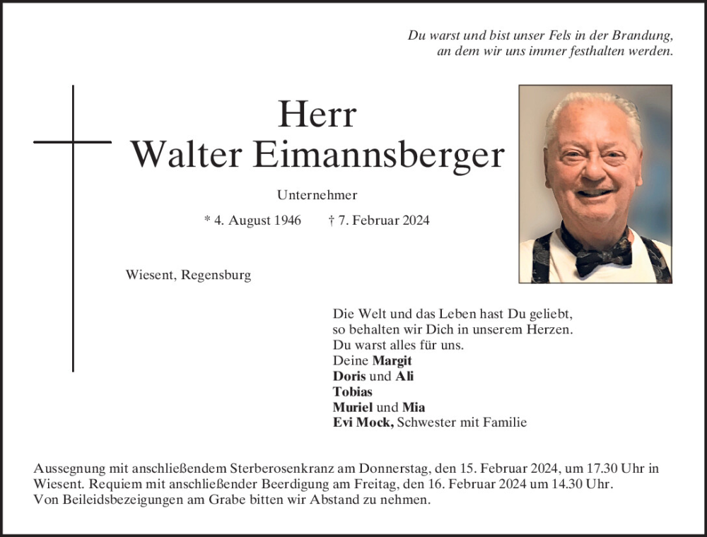 Traueranzeige für Walter Eimannsberger vom 14.02.2024 aus Mittelbayerische Zeitung Regensburg