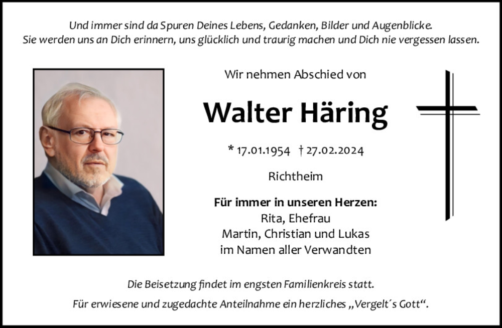  Traueranzeige für Walter Häring vom 01.03.2024 aus Neumarkter Tagblatt