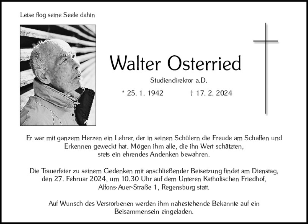  Traueranzeige für Walter Osterried vom 24.02.2024 aus Mittelbayerische Zeitung Regensburg