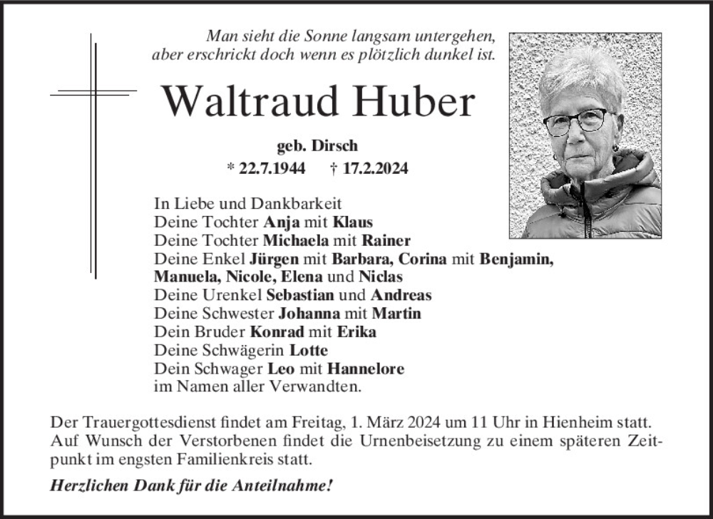  Traueranzeige für Waltraud Huber vom 28.02.2024 aus Mittelbayerische Zeitung Kelheim