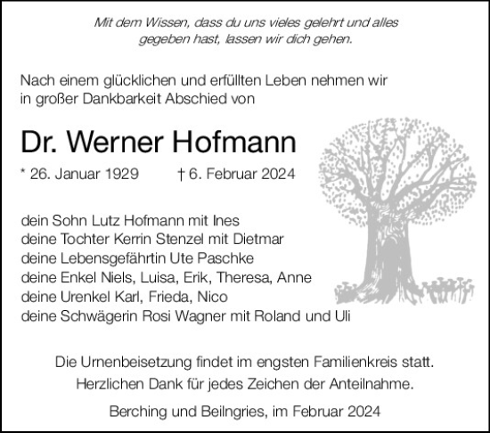 Traueranzeige von Werner Hofmann von Neumarkter Tagblatt