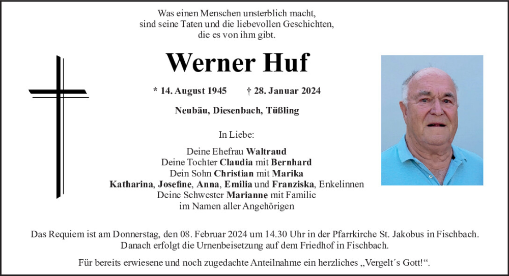  Traueranzeige für Werner Huf vom 03.02.2024 aus Mittelbayerische Zeitung Schwandorf