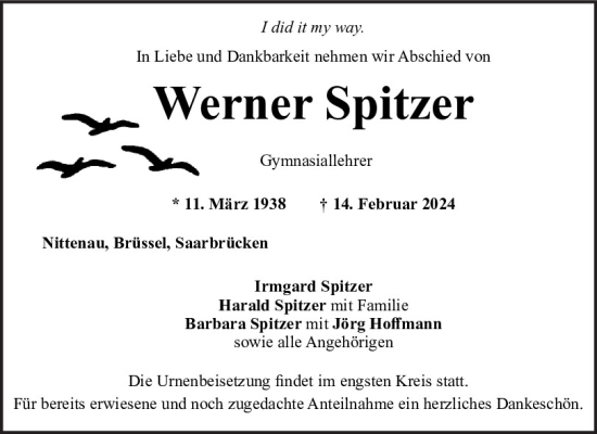 Traueranzeige von Werner Spitzer von Mittelbayerische Zeitung Schwandorf