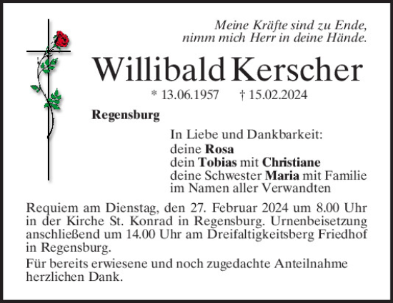 Traueranzeige von Willibald Kerscher von Mittelbayerische Zeitung Regensburg