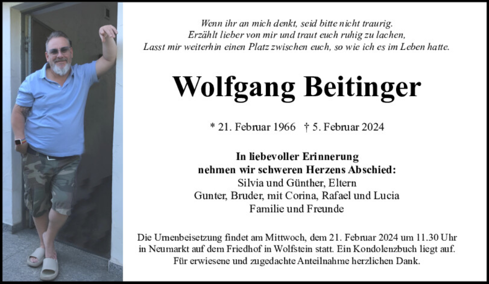  Traueranzeige für Wolfgang Beitinger vom 17.02.2024 aus Neumarkter Tagblatt