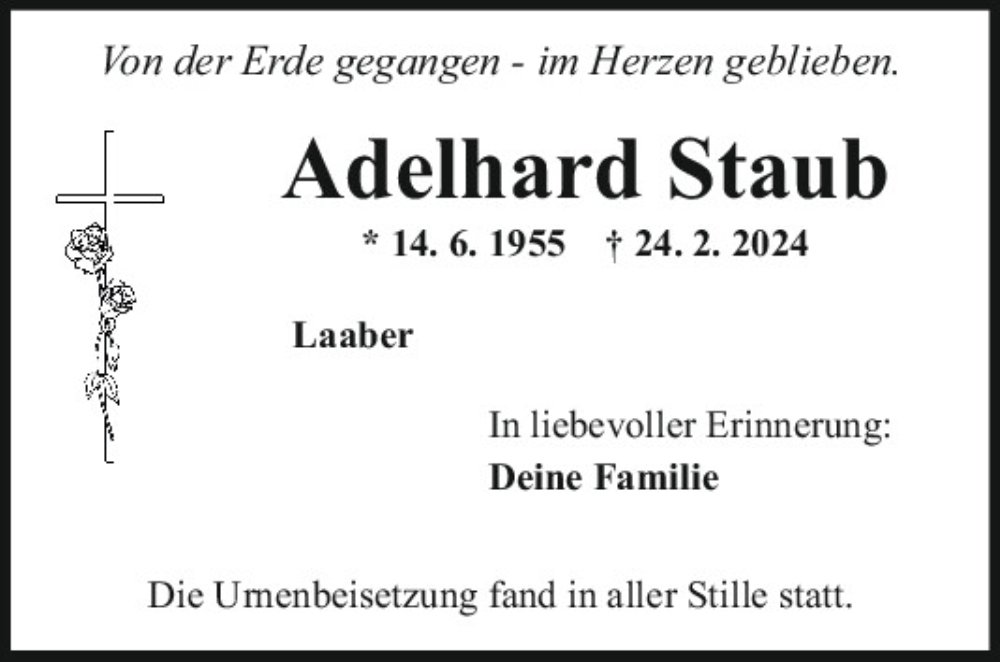  Traueranzeige für Adelhard Staub vom 13.03.2024 aus Mittelbayerische Zeitung Regensburg