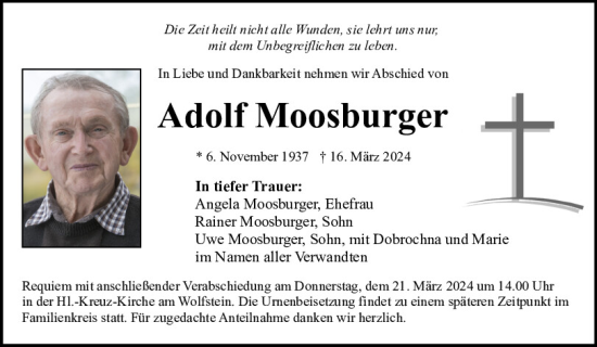 Traueranzeige von Adolf Moosburger von Neumarkter Tagblatt
