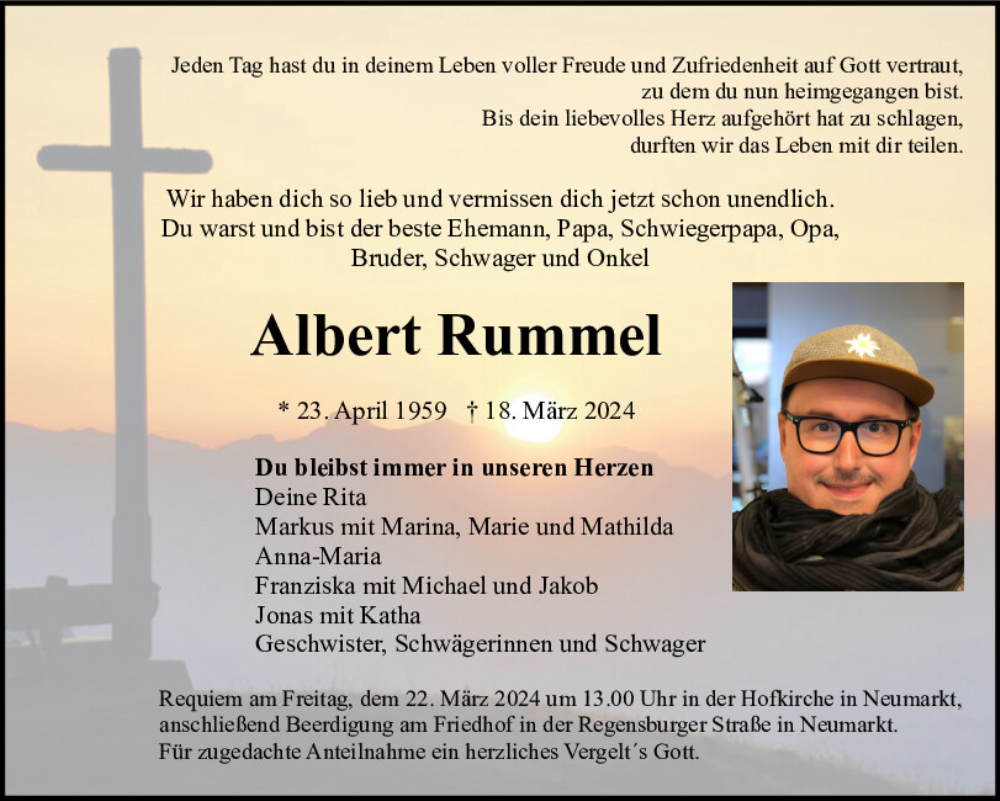  Traueranzeige für Albert Rummel vom 20.03.2024 aus Neumarkter Tagblatt