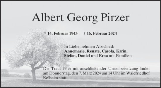 Traueranzeige von Albert Georg Pirzer von Mittelbayerische Zeitung Kelheim