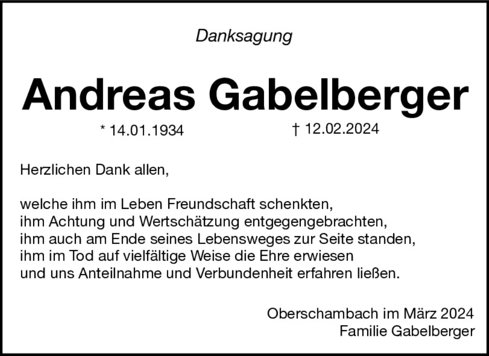  Traueranzeige für Andreas Gabelberger vom 02.03.2024 aus Mittelbayerische Zeitung Kelheim