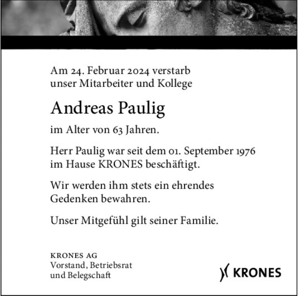  Traueranzeige für Andreas Paulig vom 09.03.2024 aus Mittelbayerische Zeitung Schwandorf