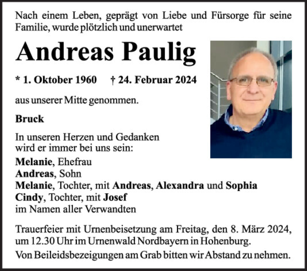  Traueranzeige für Andreas Paulig vom 02.03.2024 aus Mittelbayerische Zeitung Schwandorf