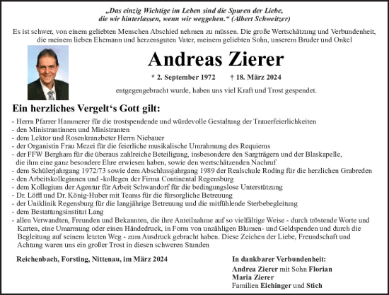 Traueranzeige von Andreas Zierer von Mittelbayerische Zeitung Regensburg