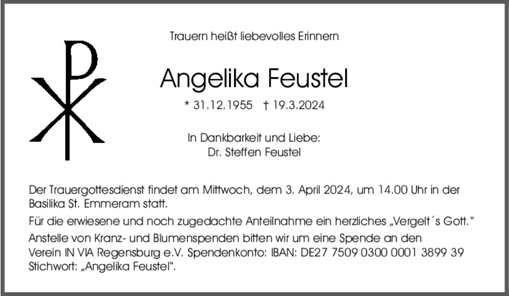  Traueranzeige für Angelika Feustel vom 30.03.2024 aus Mittelbayerische Zeitung Regensburg