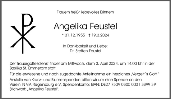 Traueranzeige von Angelika Feustel von Mittelbayerische Zeitung Regensburg