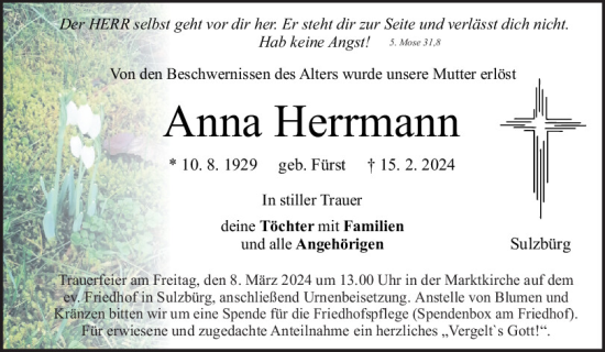 Traueranzeige von Anna Herrmann von Neumarkter Tagblatt