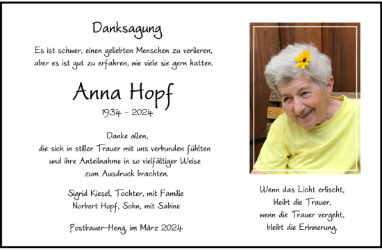 Traueranzeige von Anna Hopf von Neumarkter Tagblatt