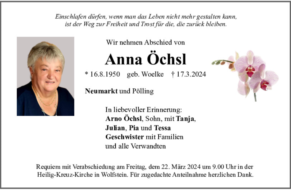  Traueranzeige für Anna Öchsl vom 19.03.2024 aus Neumarkter Tagblatt
