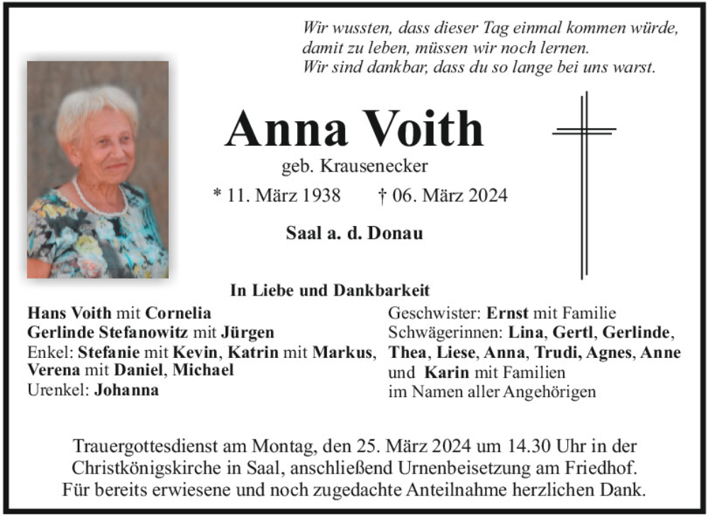  Traueranzeige für Anna Voith vom 21.03.2024 aus Mittelbayerische Zeitung Kelheim