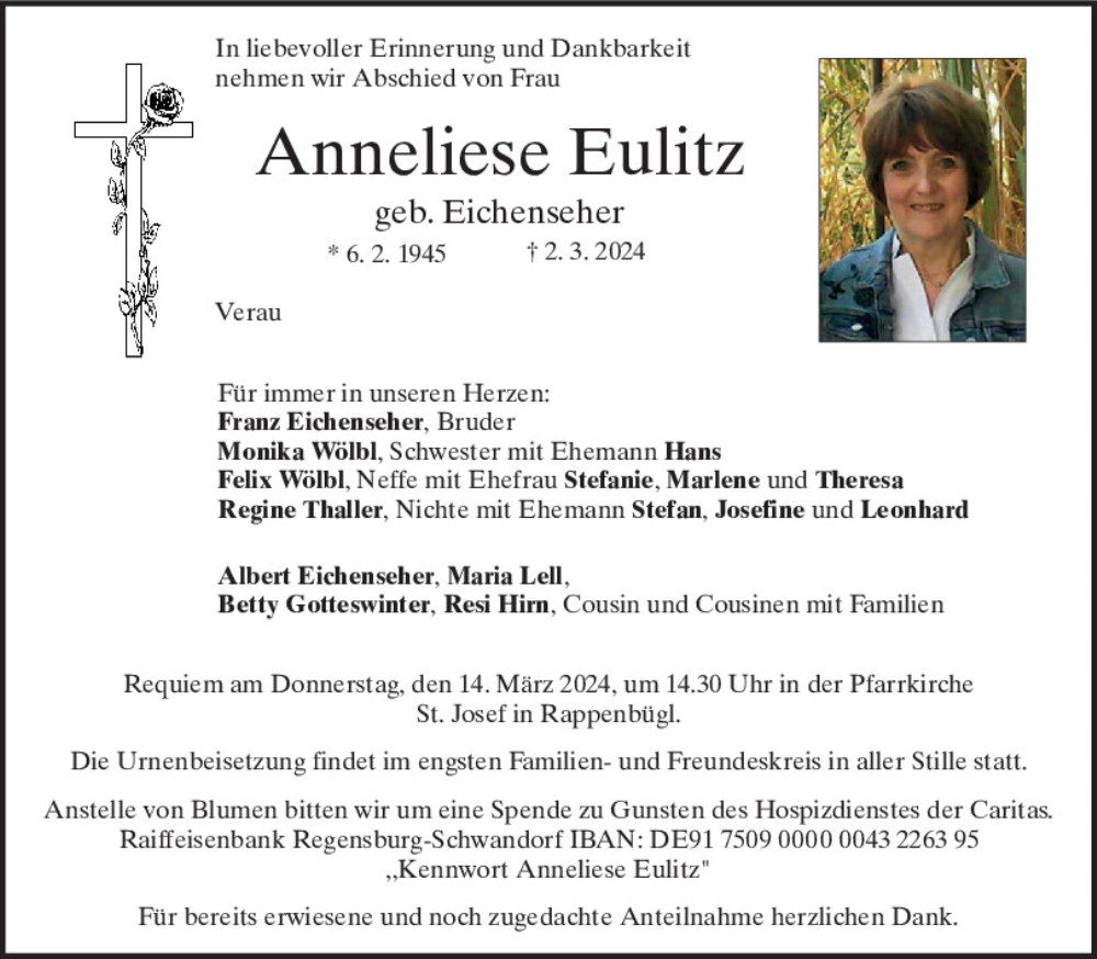  Traueranzeige für Anneliese Eulitz vom 12.03.2024 aus Mittelbayerische Zeitung Schwandorf