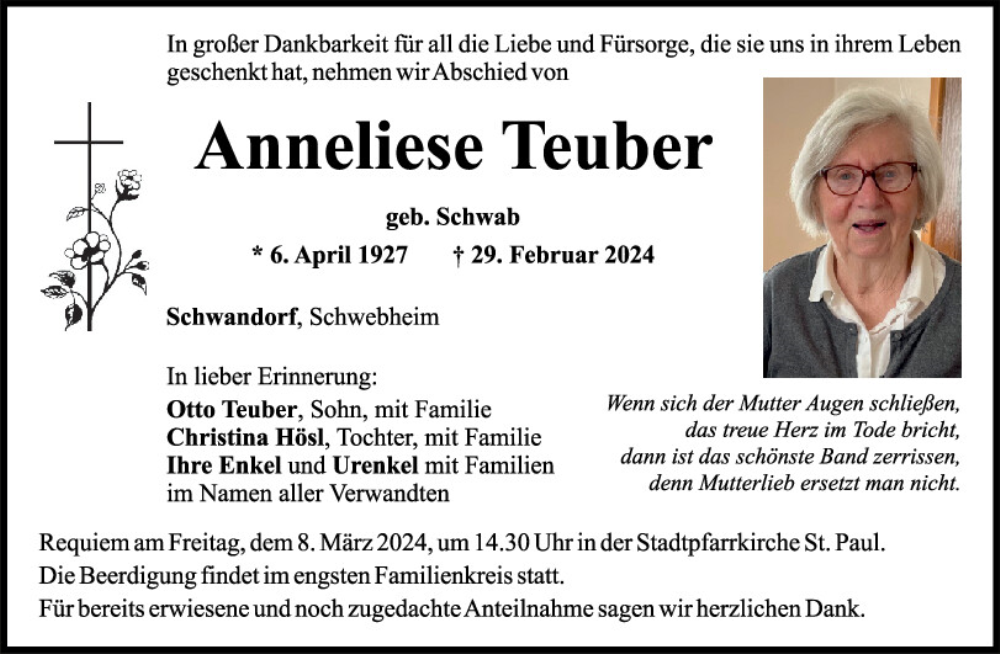  Traueranzeige für Anneliese Teuber vom 05.03.2024 aus Mittelbayerische Zeitung Schwandorf
