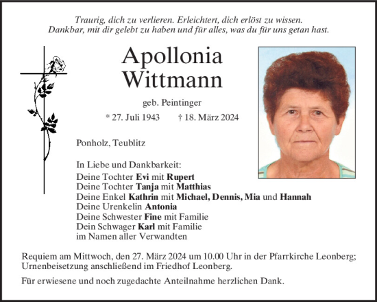 Traueranzeige von Apollonia Wittmann von Mittelbayerische Zeitung Schwandorf