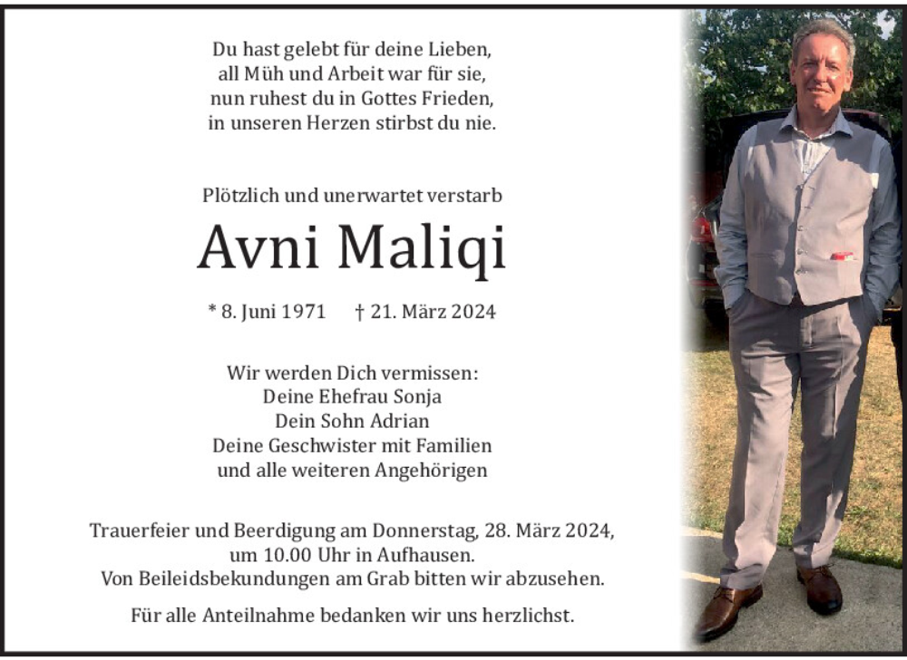  Traueranzeige für Avni Maliqi vom 26.03.2024 aus Mittelbayerische Zeitung Regensburg