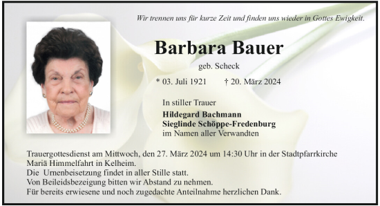 Traueranzeige von Barbara Bauer von Mittelbayerische Zeitung Kelheim