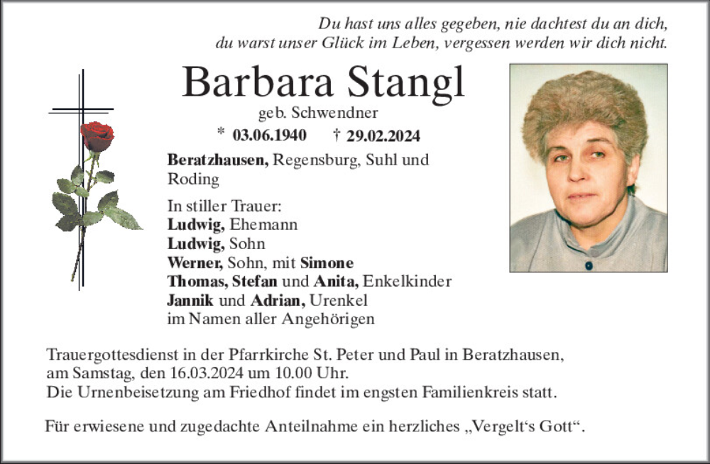  Traueranzeige für Barbara Stangl vom 12.03.2024 aus Mittelbayerische Zeitung Regensburg