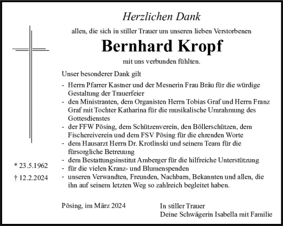 Traueranzeige von Bernhard Kropf von Bayerwald Echo