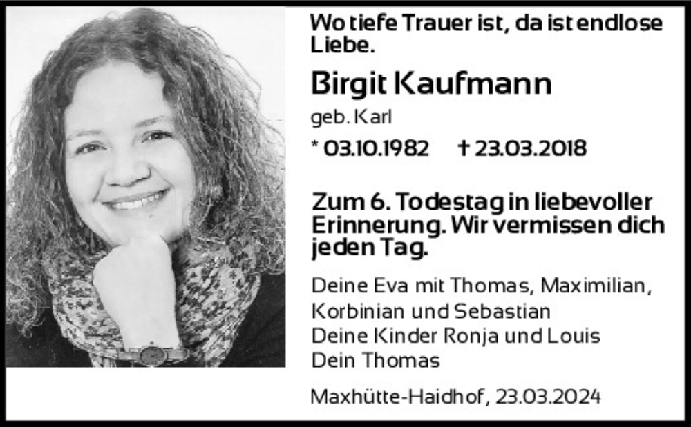  Traueranzeige für Birgit Kaufmann vom 23.03.2024 aus Mittelbayerische Zeitung Schwandorf