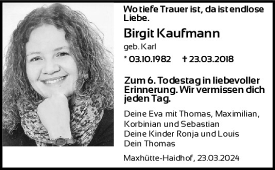 Traueranzeige von Birgit Kaufmann von Mittelbayerische Zeitung Schwandorf