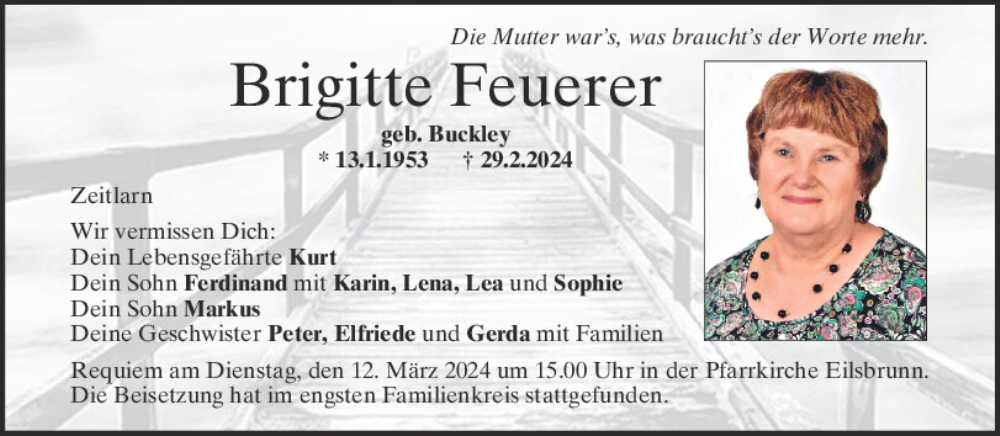  Traueranzeige für Brigitte Feuerer vom 09.03.2024 aus Mittelbayerische Zeitung Regensburg