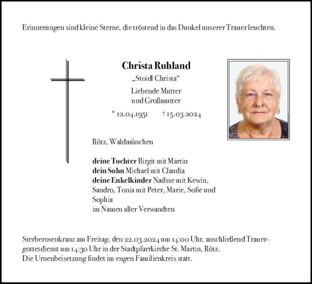  Traueranzeige für Christa Ruhland vom 20.03.2024 aus Bayerwald Echo
