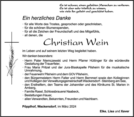 Traueranzeige von Christian Wein von Mittelbayerische Zeitung Schwandorf