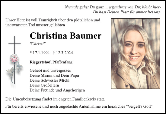 Traueranzeige von Christina Baumer von Mittelbayerische Zeitung Regensburg
