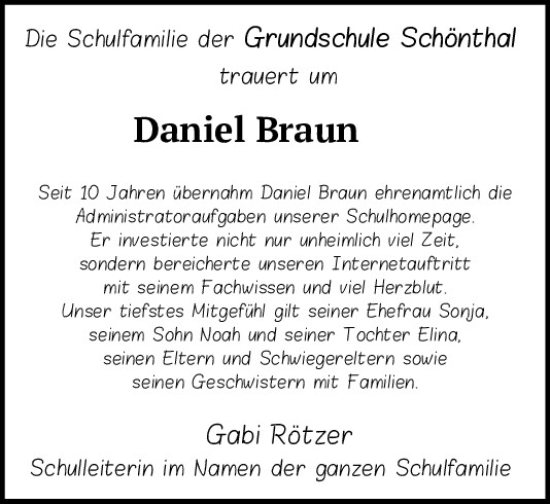 Traueranzeige von Daniel Braun von Bayerwald Echo