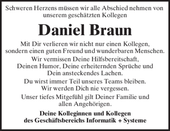 Traueranzeige von Daniel Braun von Bayerwald Echo
